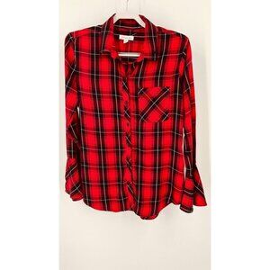 Beach Lunch Lounge Plaid Shirt Bell Sleeve Plaid Shirt Red, Black Size XS